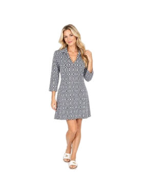 J. McLaughlin Geometric Print Catalina Cloth Shift Dress V-Neck 3/4 Sleeve Sz S